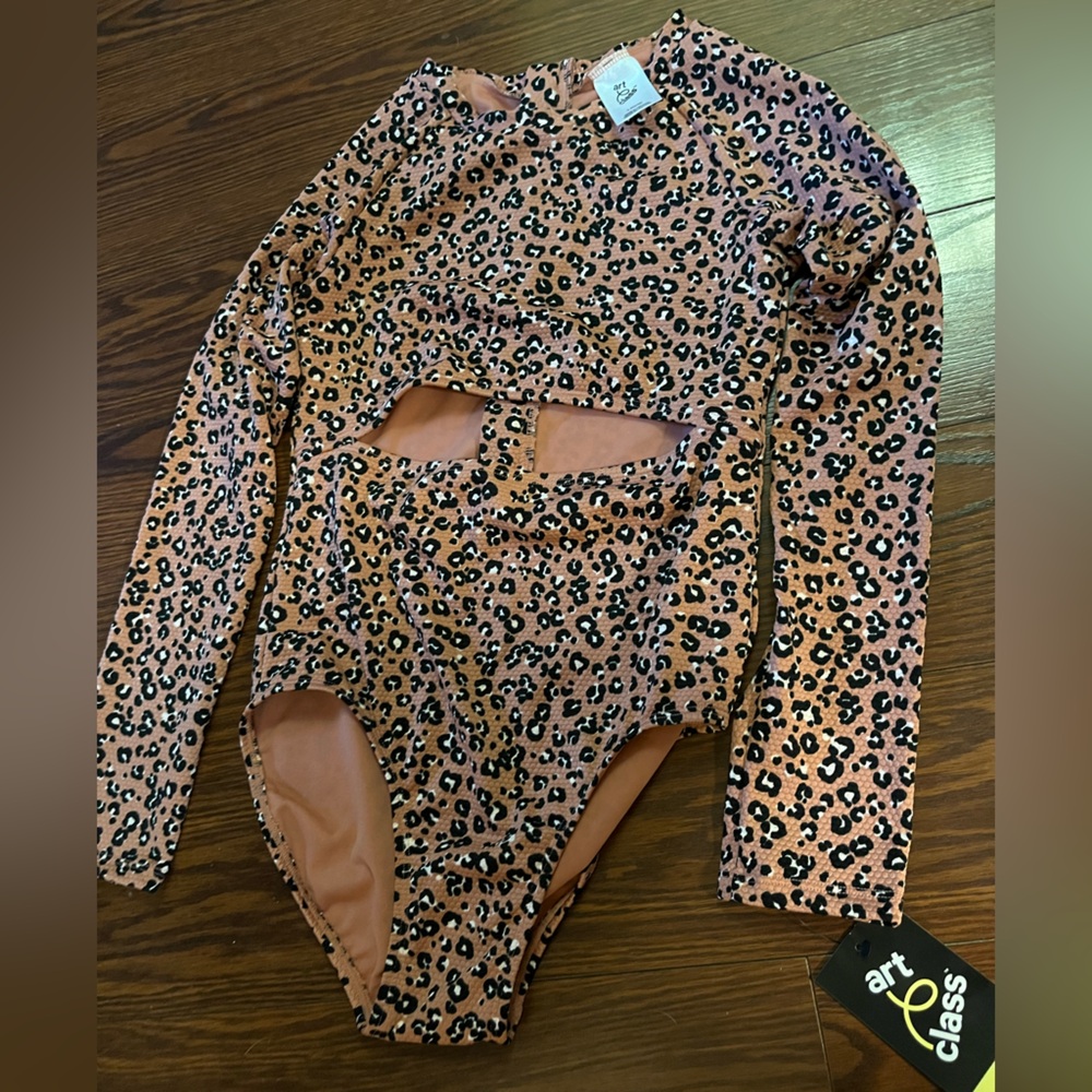 Girls one piece animal print long sleeve art class swim suit